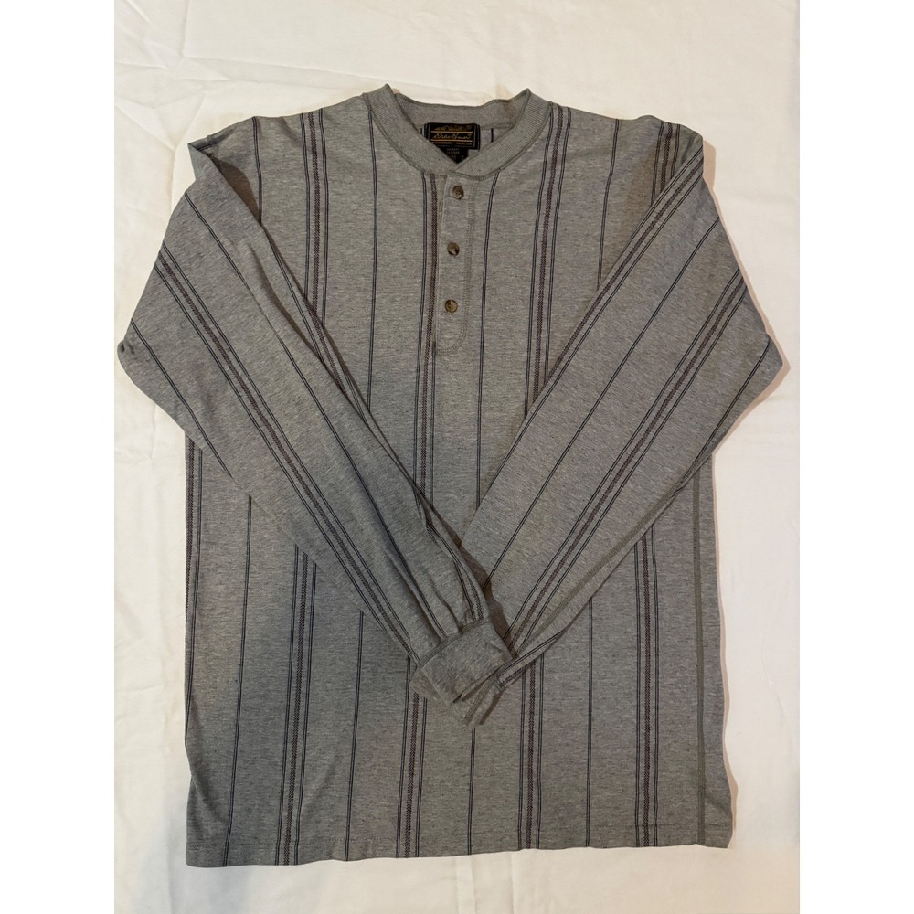 Vintage 80s 90s Eddie Bauer Striped Henley Shirt Medium Tall Gray USA Made